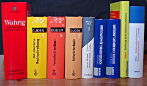 Foto von Nachschlagewerken zu Rechtschreibung, Stil, Wirtschaft und Fachwörterbüchern